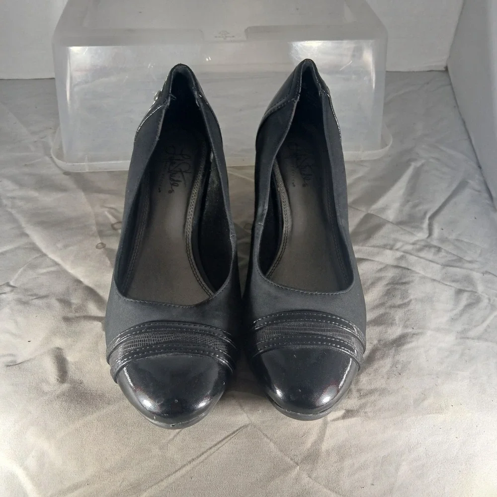 LifeStride Juliana Wedge Pumps 8.5M Black‎ Patent Accent Comfort Career Shoes
